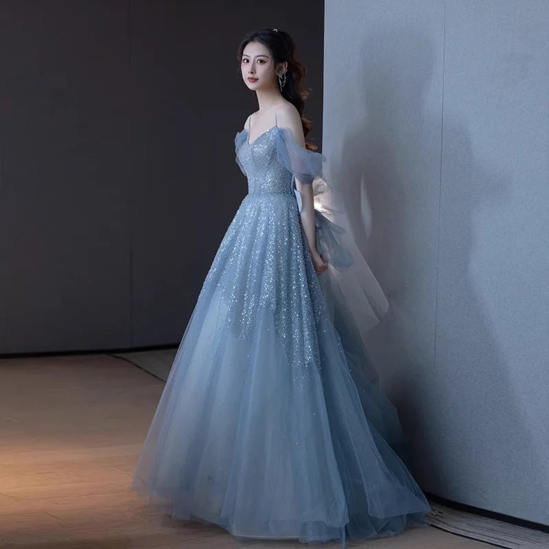 2025 New Elegant Back Tulle Bow Trailing A-line Evening Dresses Sexy Off Shoulder Birthday Party Gown