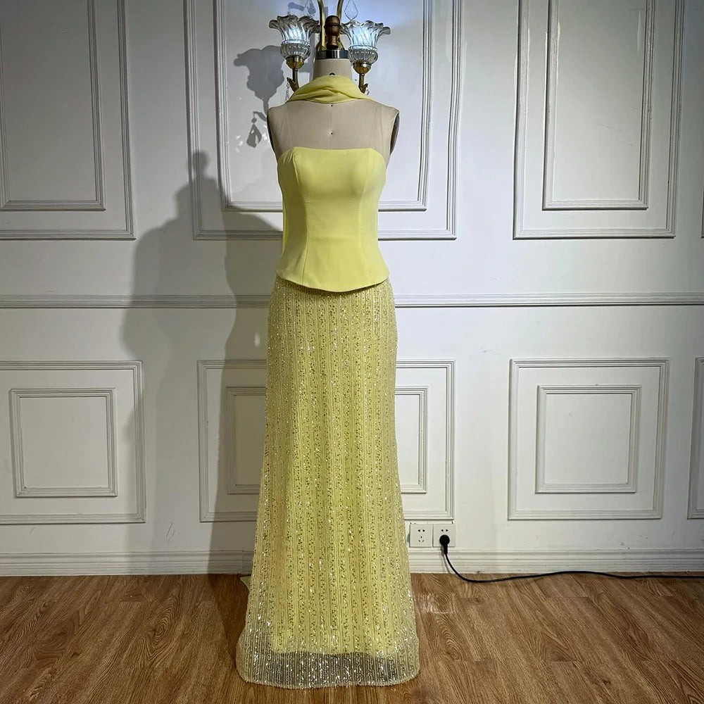 Abito da sera sirena in chiffon giallo lusso con mantella LA73007