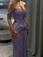 Cathy Customized Purple Luxury Rhinestones Mermaid Prom Dress Off The Shoulder vestidos de noiva Floor-length Formal Eve