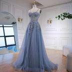 Abito da ballo in tulle grigio lusso a linea A con applicazioni floreali LA73015