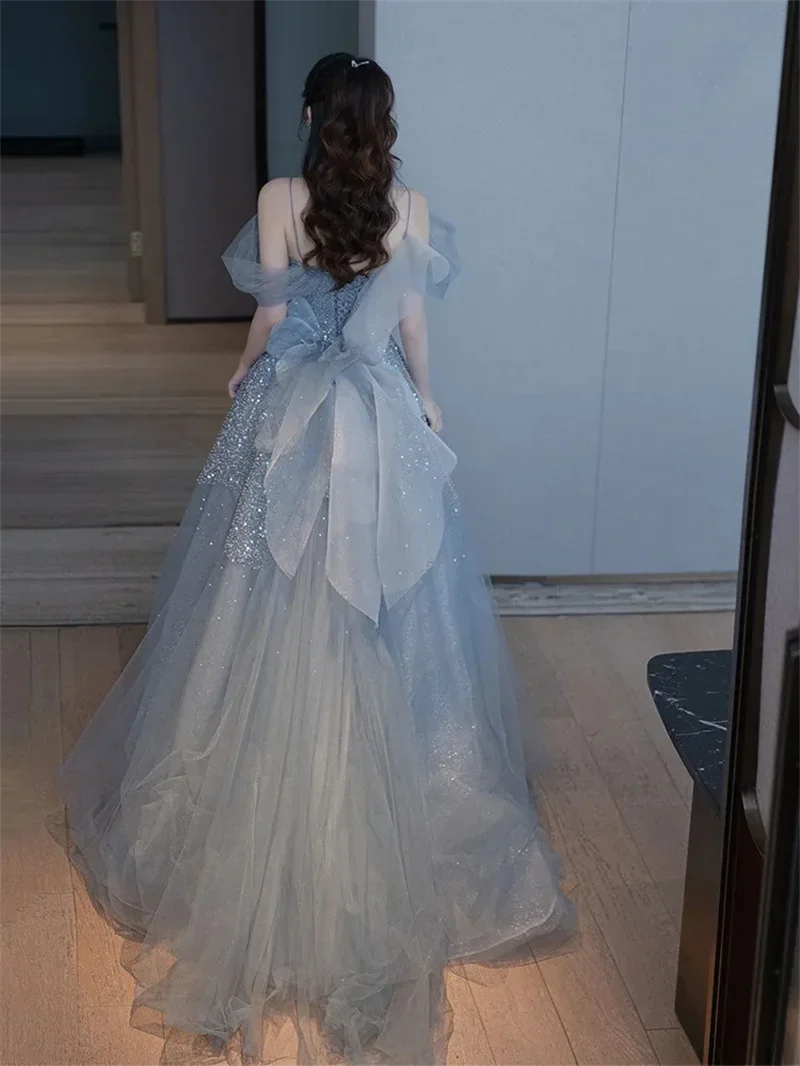 2025 New Elegant Back Tulle Bow Trailing A-line Evening Dresses Sexy Off Shoulder Birthday Party Gown