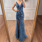Abito da sera sirena con piume e perline blu lusso LA73369