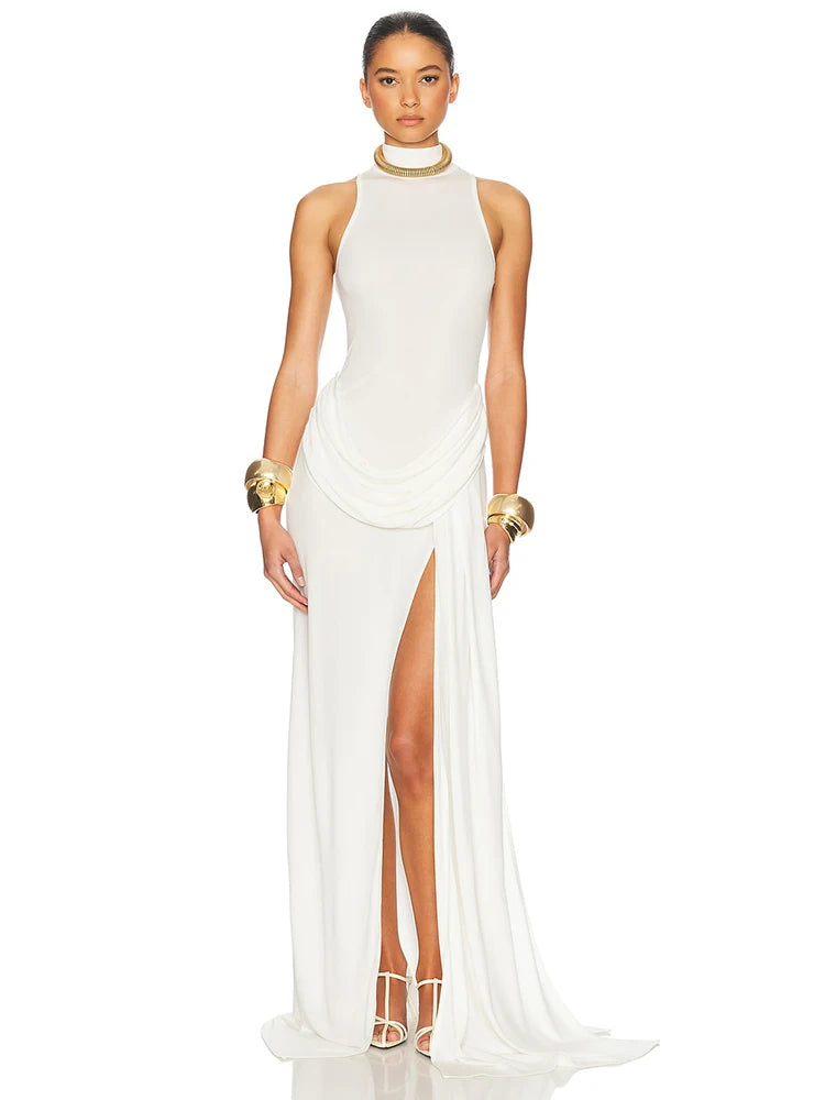 Blifanbo Turtleneck Off-shoulder Sleeveless Thigh Split High Waist Pleated Maxi Dress For Women Elegant Fashion Club Par