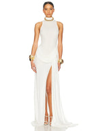 Blifanbo Turtleneck Off-shoulder Sleeveless Thigh Split High Waist Pleated Maxi Dress For Women Elegant Fashion Club Par