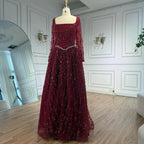 Luxuriöses Abendkleid in Salbeigrün mit Perlenbesatz und langen Ärmeln LA72805B