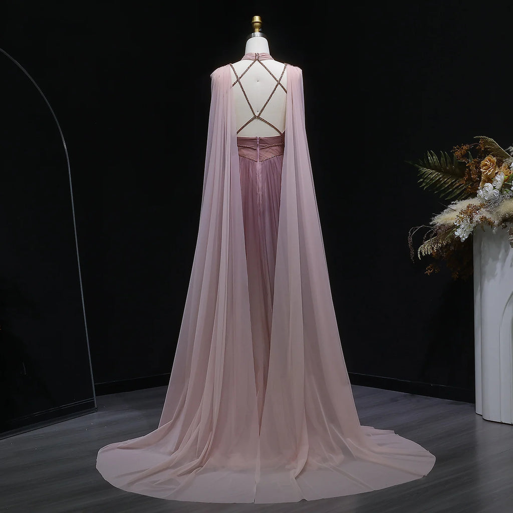 Sharon disse ombre rosa elegante vestido de noite com manga capa criss cross halter sem costas vestidos de festa femininos ss309 personalizado