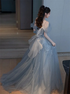 2025 New Elegant Back Tulle Bow Trailing A-line Evening Dresses Sexy Off Shoulder Birthday Party Gown