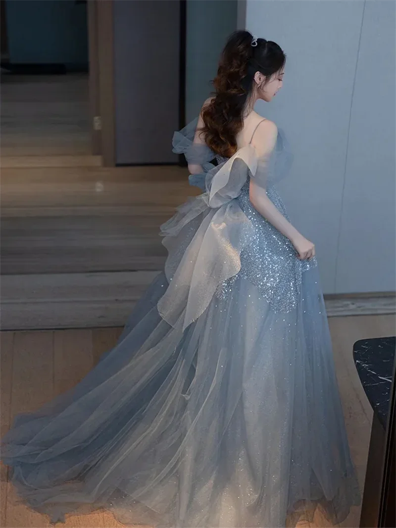 2025 New Elegant Back Tulle Bow Trailing A-line Evening Dresses Sexy Off Shoulder Birthday Party Gown