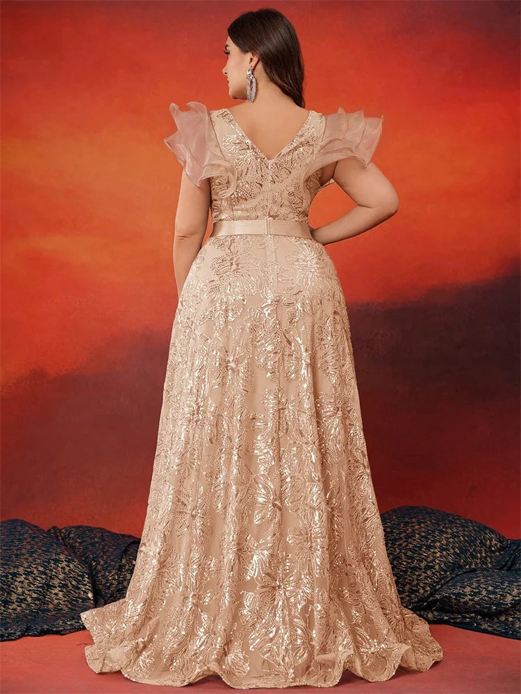 BLUEPLUM Plus Size Luxury V-Neck Grey Sequins Evening Dress Women Elegant V-back Wedding Party Long Prom Cocktail Dress 