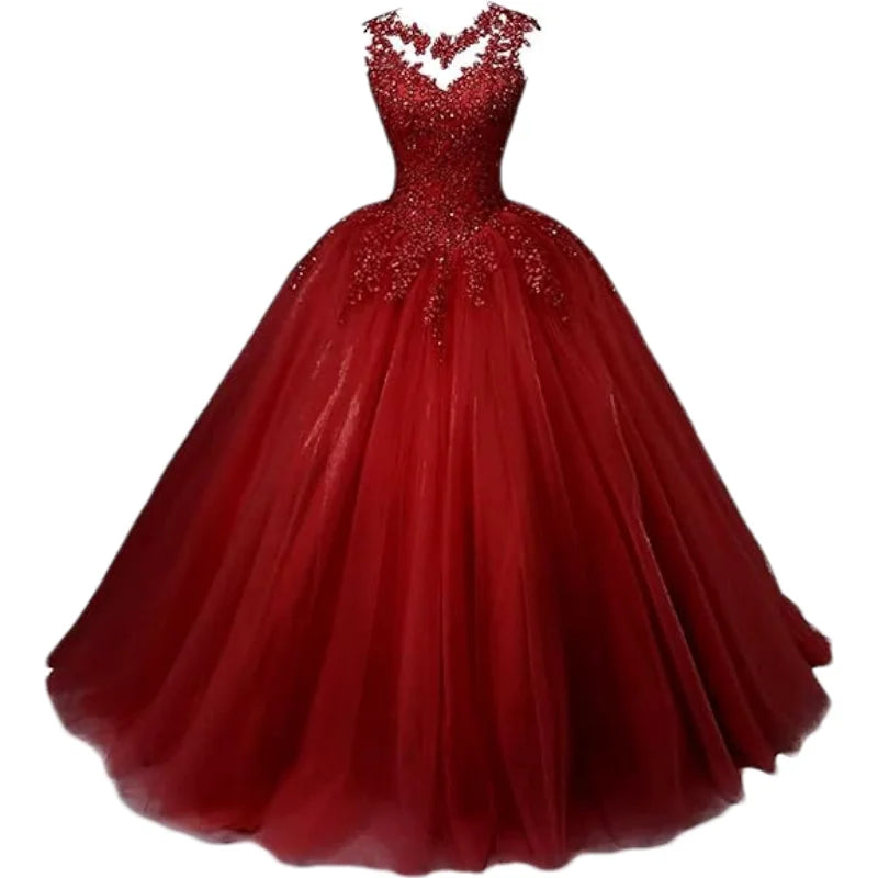 Customized Women's Beaded Lace Appliques Prom Dress Long Ball Gown Quinceanera Dresses Tulle Formal Sweet 16 Dress for T