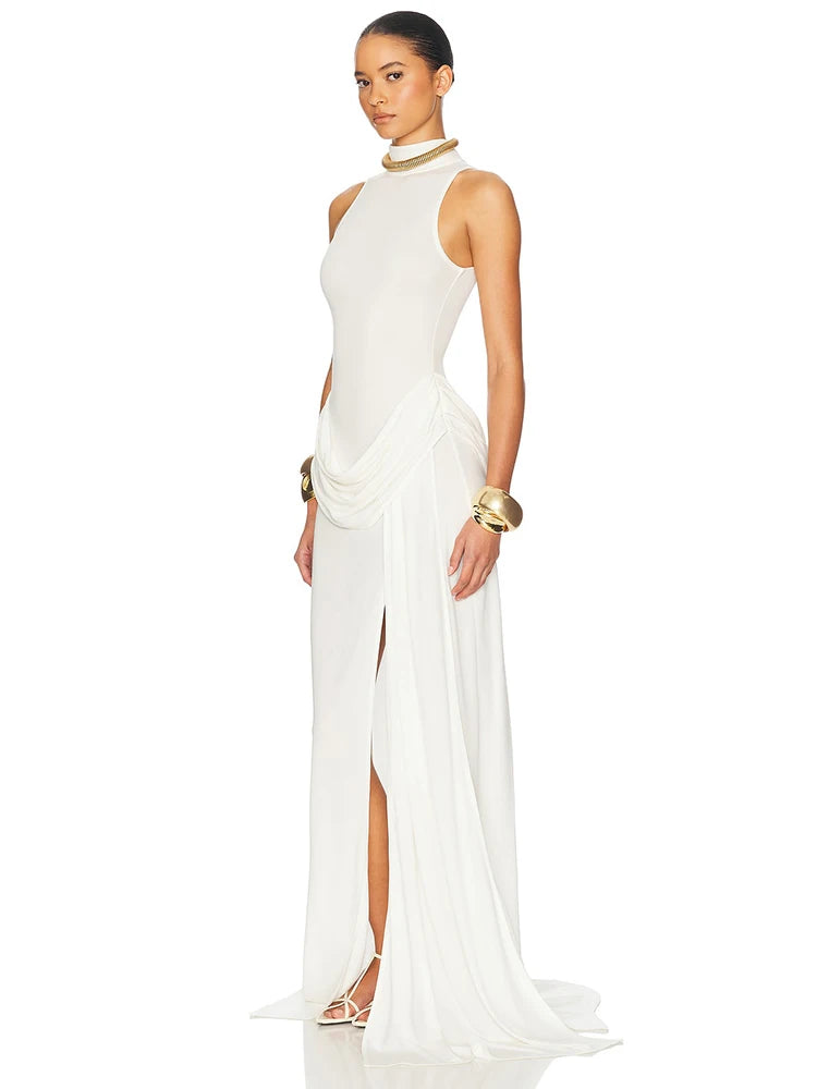 Blifanbo Turtleneck Off-shoulder Sleeveless Thigh Split High Waist Pleated Maxi Dress For Women Elegant Fashion Club Par