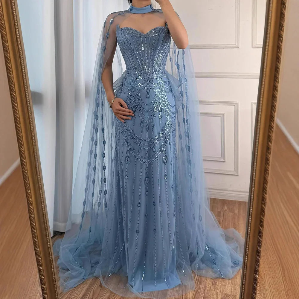 Robe de soirée de luxe bleue à paillettes et perles avec manches cape LA73108