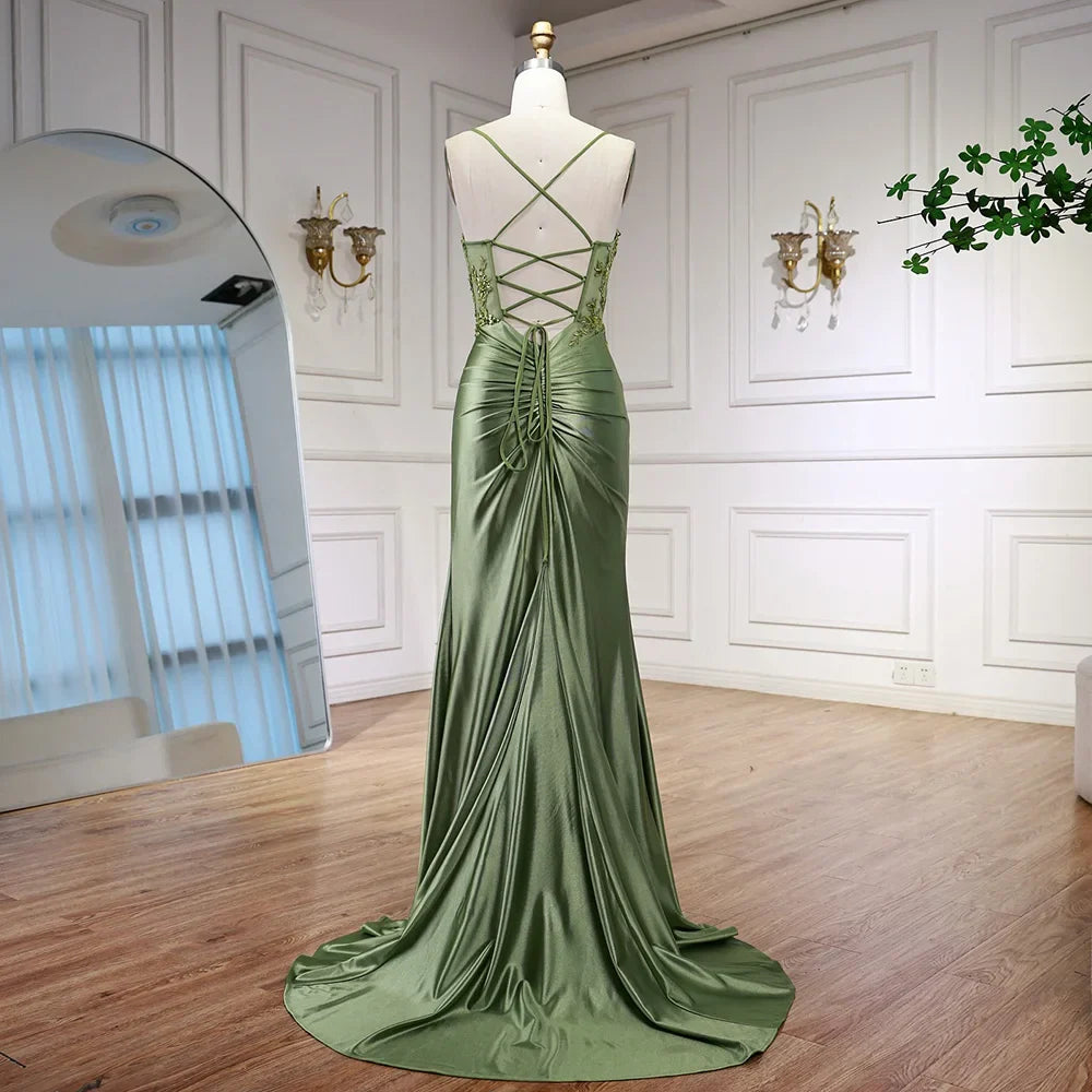 Robe de bal en satin vert sauge de luxe avec fente LA73032