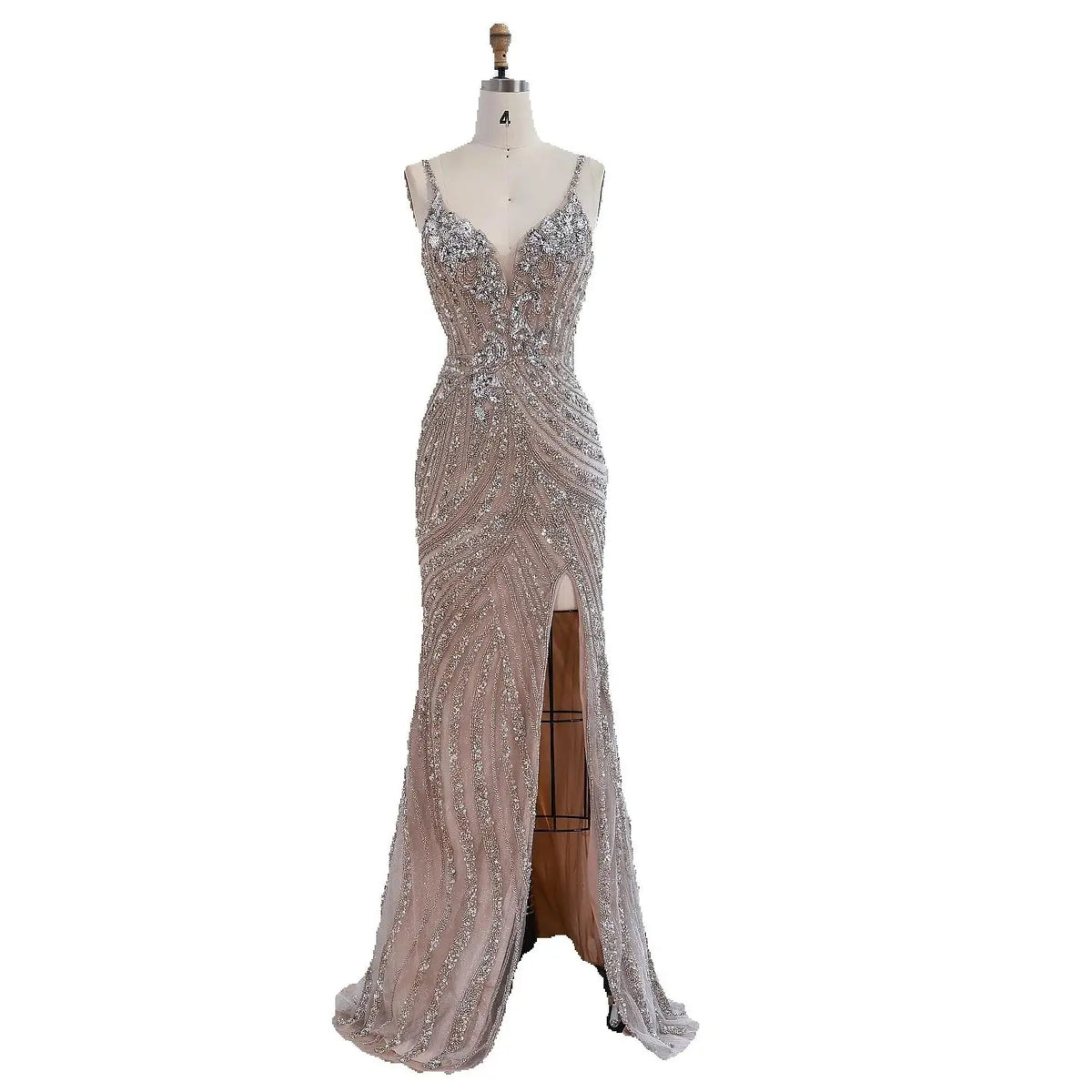Robe de soirée sirène luxueuse en perles couleur nude avec fente haute LA73340