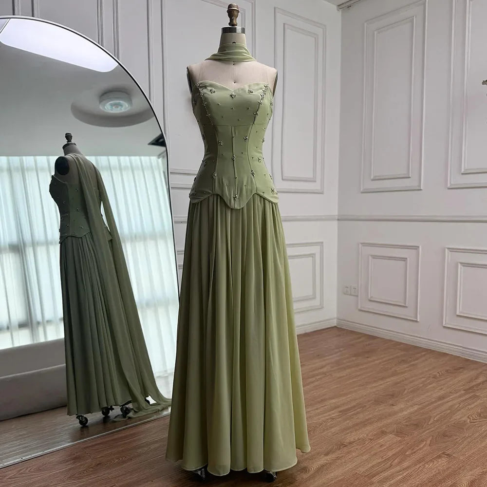 Classy Sage Green A-Line Chiffon Evening Dress LA73073