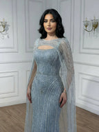 Robe de soirée luxueuse diamant bleu avec cape LA73426