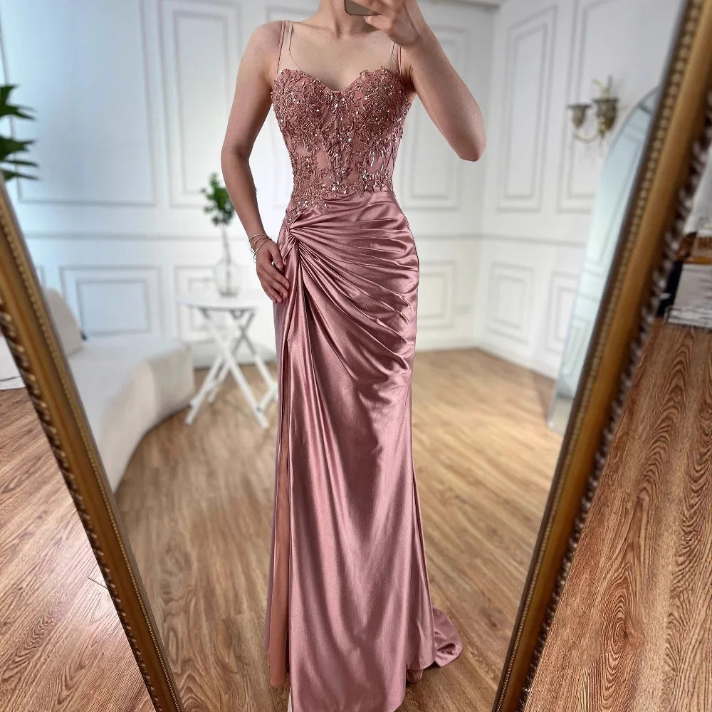 Robe de bal en satin vert sauge de luxe avec fente LA73032