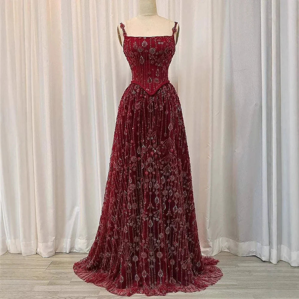 Vestido de noche lujoso verde salvia con cuentas, corte en línea A y tirantes finos LA72805