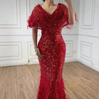 Abito da sera lusso sirena rosso arabo con piume e perline LA71323A