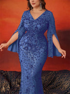 BLUEPLUM Plus Size Luxury Blue Evening Dresses Women 2025 Long Sleeve Mermaid Formal Sequins Prom Wedding Party Cocktail
