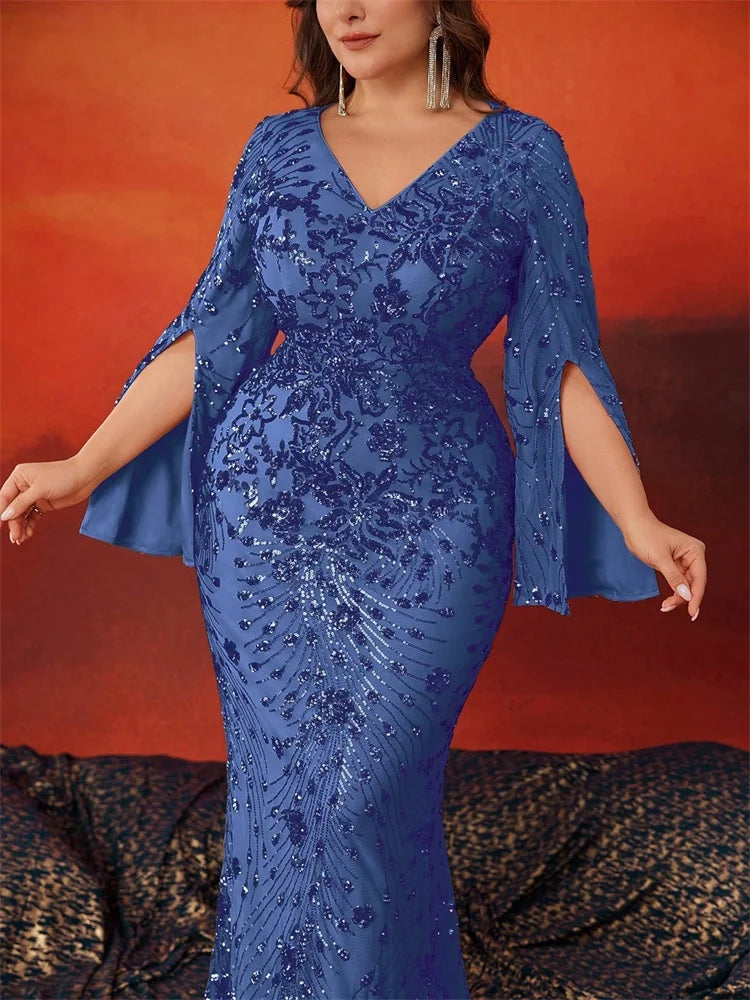BLUEPLUM Plus Size Luxury Blue Evening Dresses Women 2025 Long Sleeve Mermaid Formal Sequins Prom Wedding Party Cocktail