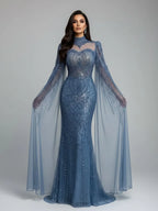 Abito da sera sirena modesto blu di lusso con mantella LA73006