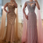 Luxuriöses hautfarbenes Perlenbesetztes Meerjungfrauen-Abendkleid mit Umhang LA72814