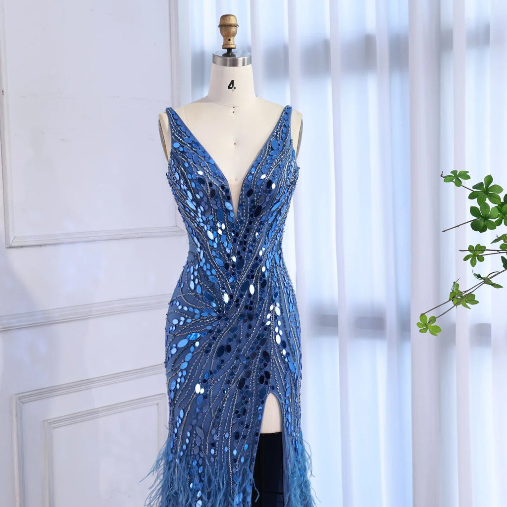 Abito da sera sirena con piume e perline blu lusso LA73369