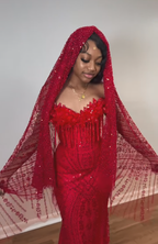 Crimson Ruby Heiress Mermaid Gown With Hand Beaded Crystal Encrusted Hooded Veil