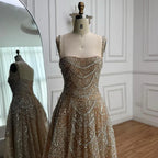 Vestido de Noite de Linha A em Nude de Luxo com Pérolas e Cristais LA72983A