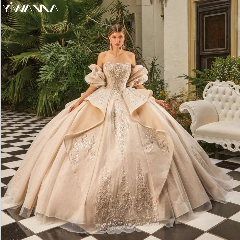 Requintado lantejoulas contas quinceanrra vestidos de baile glitter rendas apliques mangas destacáveis vestido de baile doce 16 vestido