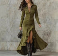 2026 Autumn/Winter Hot-Selling European and American Suede Slim-Fit Zipper Stand Collar Slit Long Dress