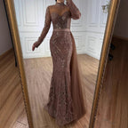 Robe de soirée sirène en perles marron luxe avec surjupe latérale LA71913A