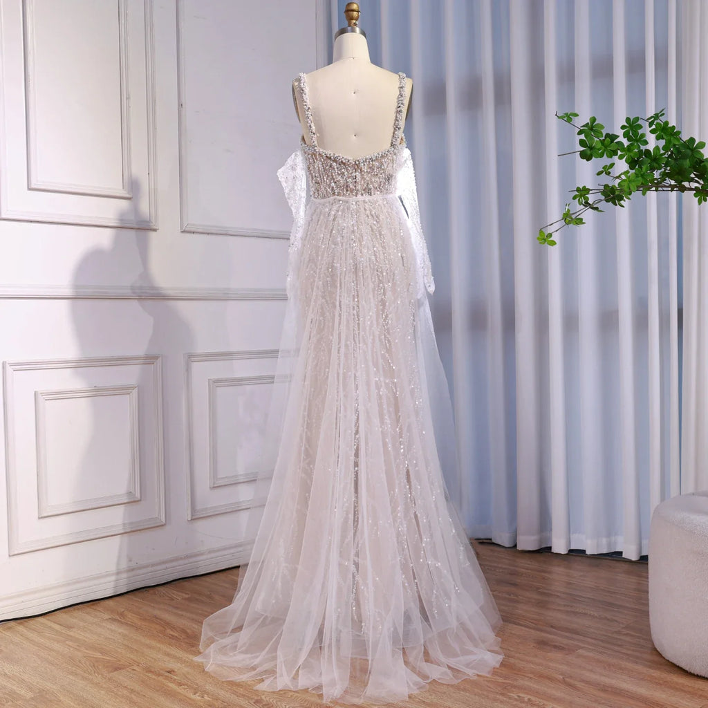 Abito da sera sirena in pizzo lussuoso con perle e guanto bianco nude LA72345E