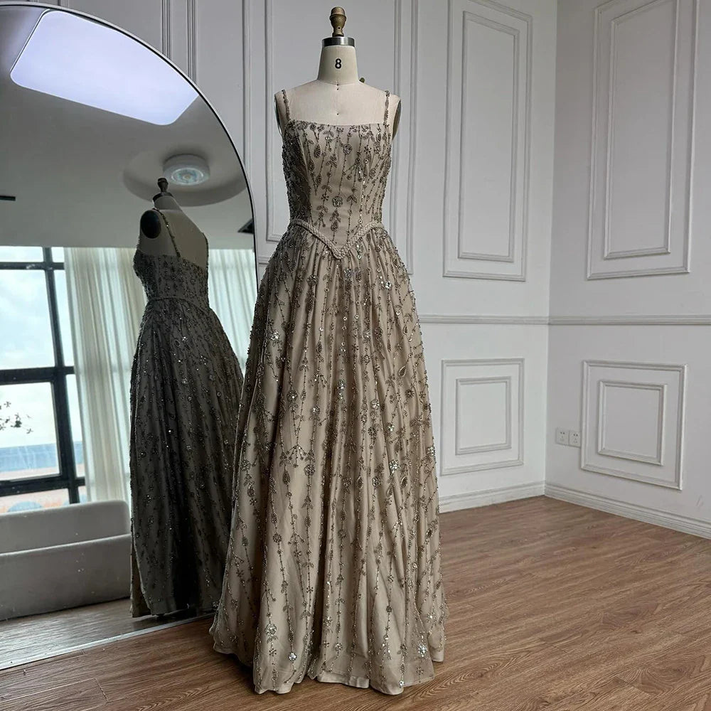 Vestido de noche lujoso verde salvia con cuentas, corte en línea A y tirantes finos LA72805