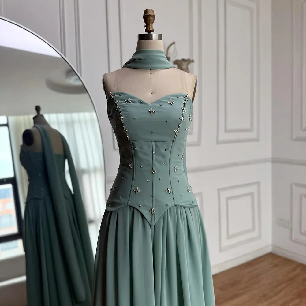 Classy Sage Green A-Line Chiffon Evening Dress LA73073