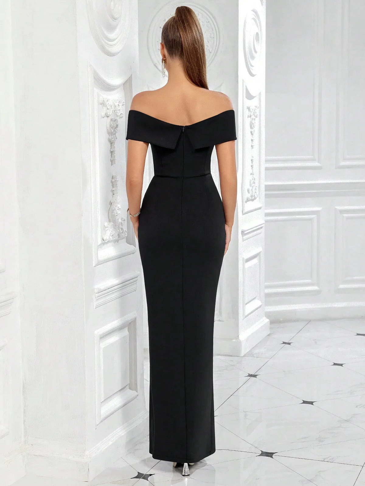 Black Off-Shoulder High Slit Maxi Dress for Evening Party Formal Occasion