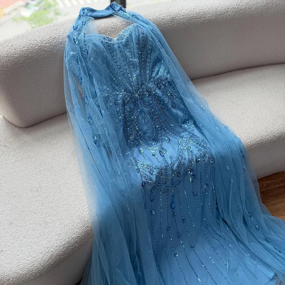 Robe de soirée de luxe bleue à paillettes et perles avec manches cape LA73108