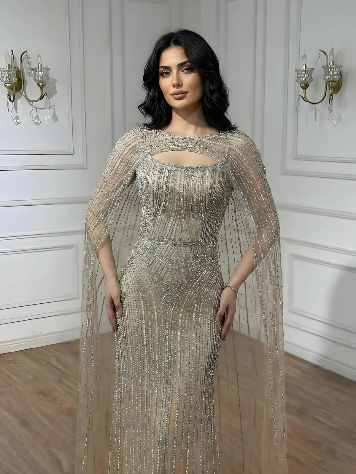 Robe de soirée luxueuse diamant bleu avec cape LA73426