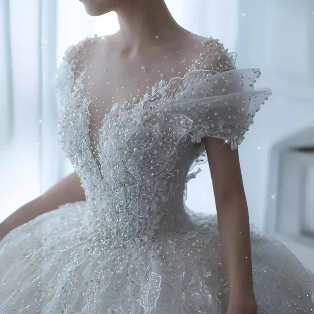 2025 Princess Sexy Luxury Crystal Beaded Wedding Dress Puff Tulle White Gown Bride Pregnant Women's High-end Gown with T