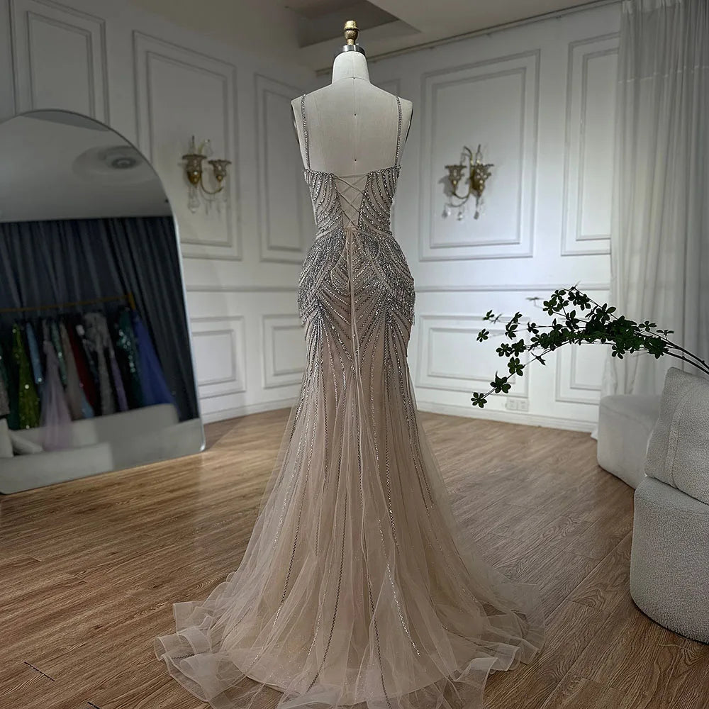 Robe de soirée sirène luxueuse en cristal à franges rose nu LA72772