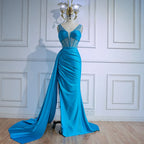 Blue Prom Dress with Side Overskirt Spaghetti Straps LA73011
