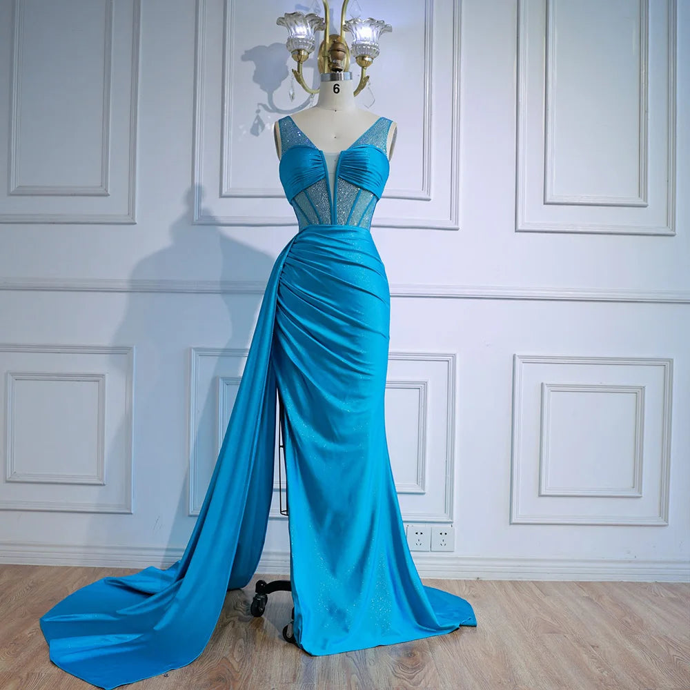 Blue Prom Dress with Side Overskirt Spaghetti Straps LA73011