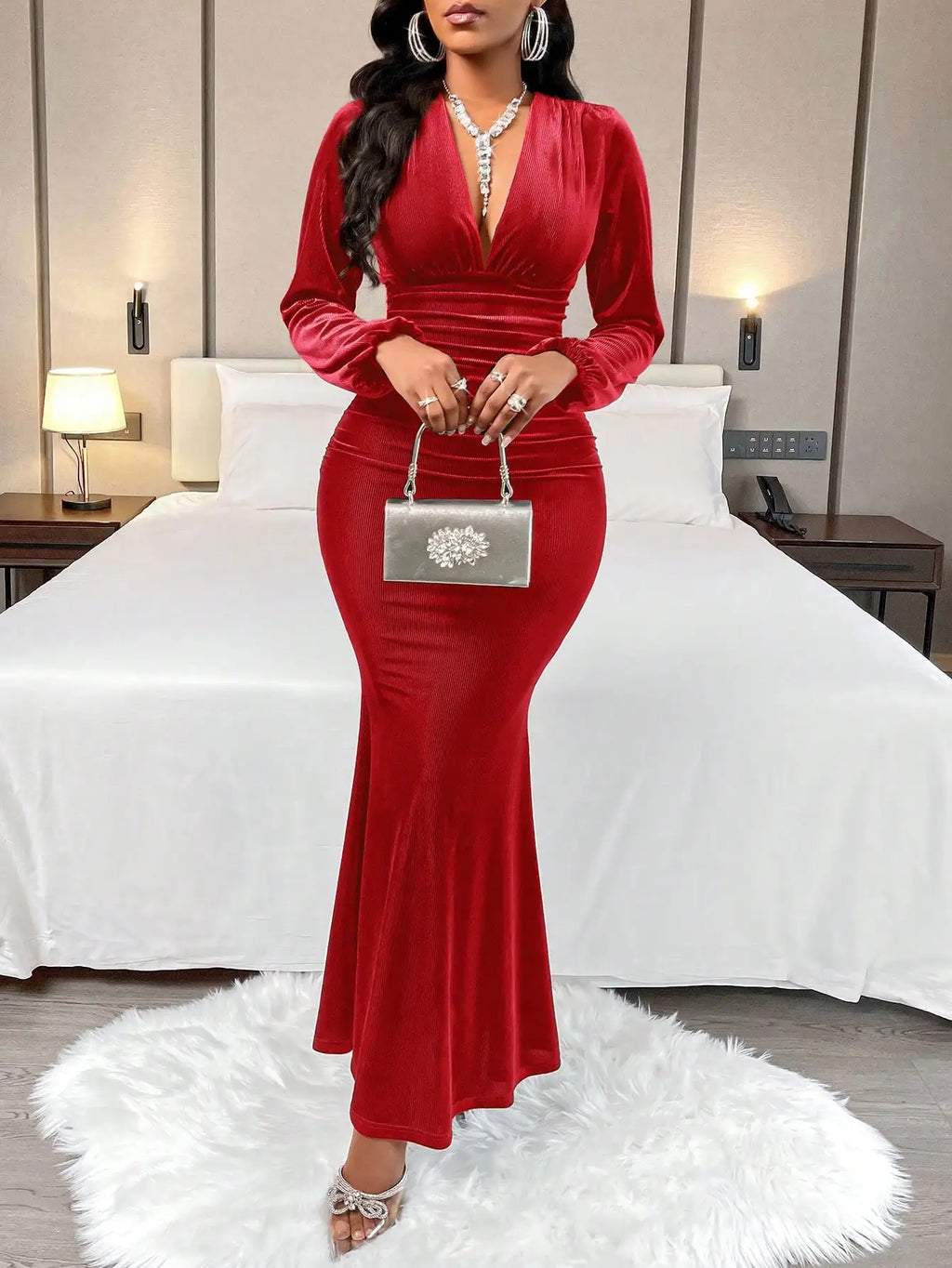 BWQ Women's Autumn & Winter Elegant And Gorgeous Solid Color Texture Fabric Velvet V-Neck Pleated Mermaid Dress For Part