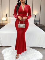 BWQ Women's Autumn & Winter Elegant And Gorgeous Solid Color Texture Fabric Velvet V-Neck Pleated Mermaid Dress For Part