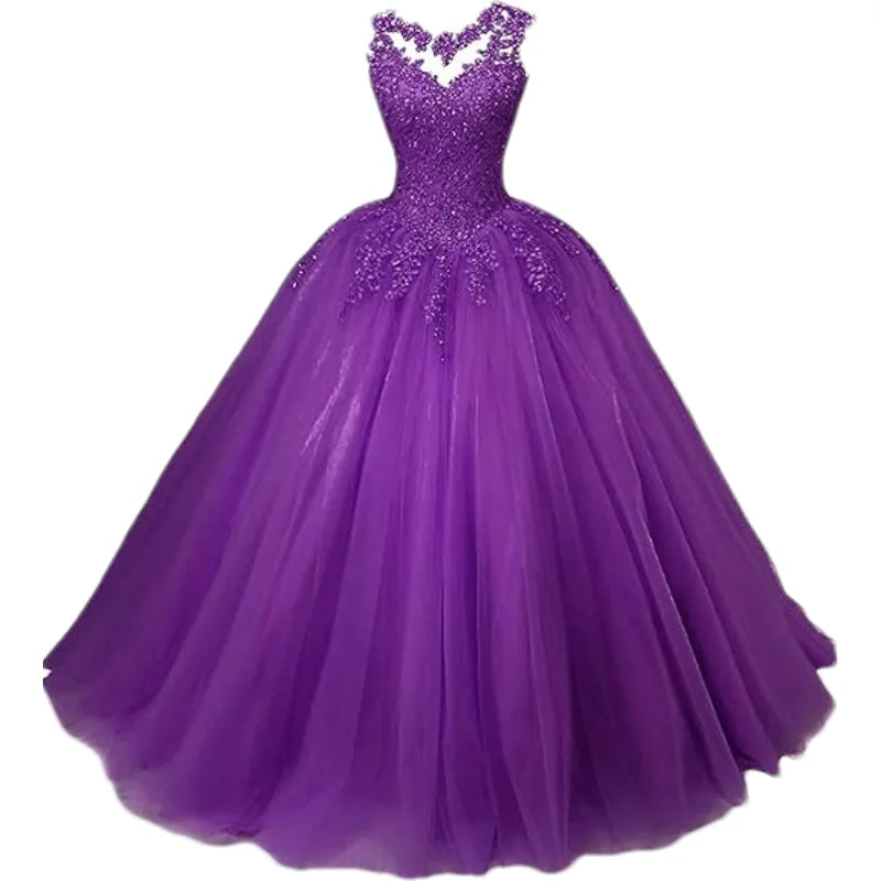 Customized Women's Beaded Lace Appliques Prom Dress Long Ball Gown Quinceanera Dresses Tulle Formal Sweet 16 Dress for T