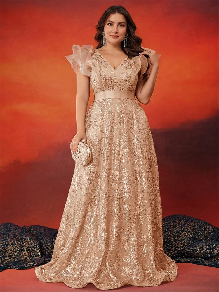 BLUEPLUM Plus Size Luxury V-Neck Grey Sequins Evening Dress Women Elegant V-back Wedding Party Long Prom Cocktail Dress 