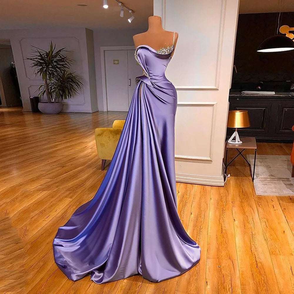 Lilac Evening Dress 2022 Beading One Shoulder Stones Ruched Sweep Train Robe De Soiree Women Pageant Party Gowns