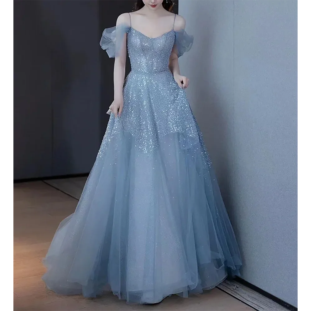 2025 New Elegant Back Tulle Bow Trailing A-line Evening Dresses Sexy Off Shoulder Birthday Party Gown