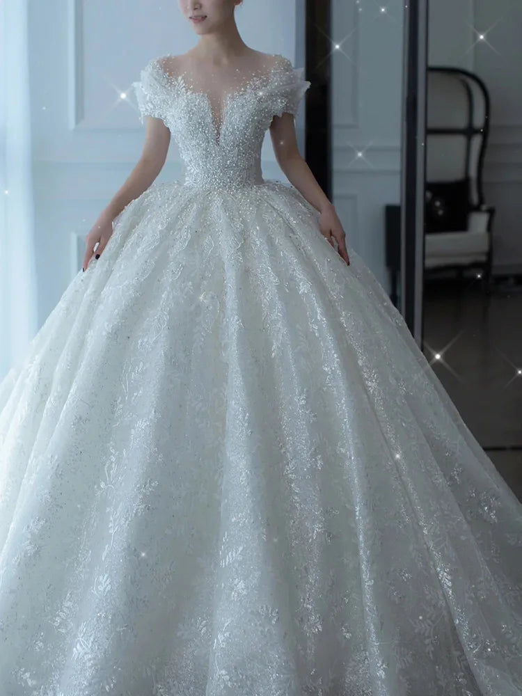 2025 Princess Sexy Luxury Crystal Beaded Wedding Dress Puff Tulle White Gown Bride Pregnant Women's High-end Gown with T